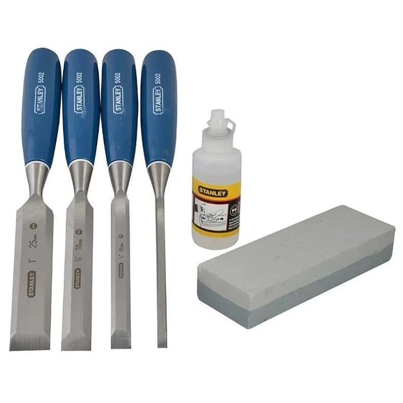 Stanley 5002 Wood Chisel Set with Oil and Stone Blue and Silver Assorted Sizes Set of 4 0-16-130 | 1x 6mm | 1x 12mm | 1x 18mm | 1x 25mm