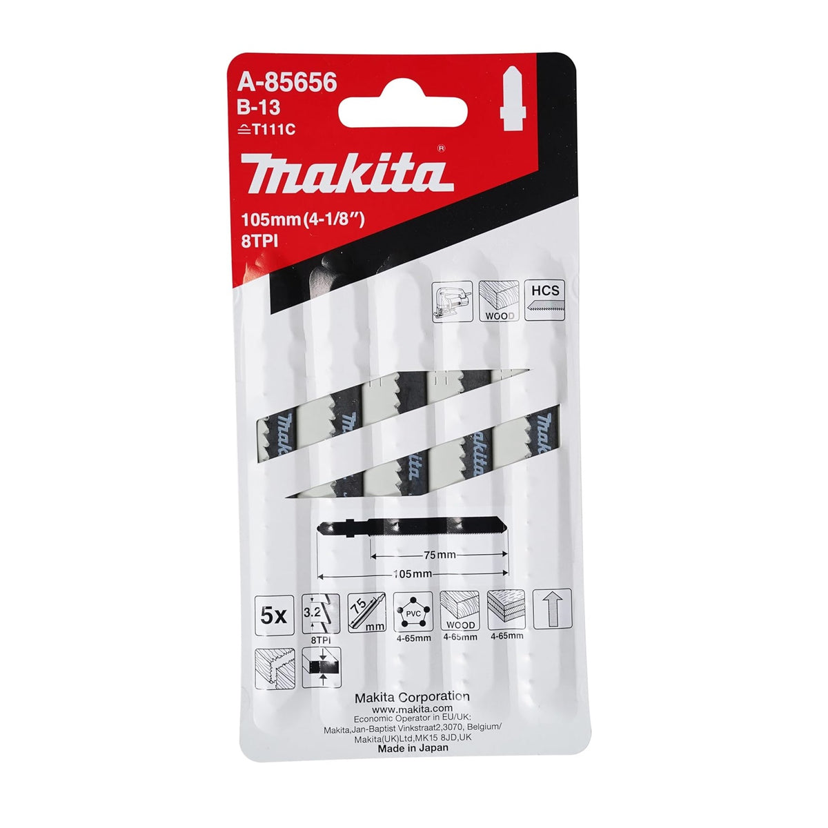 Makita B-13 Jigsaw Blades Black 105mm Pack of 5 A-85656 | T111C | 8TPI | HCS | For Cutting Plastic-PVC and Plywood