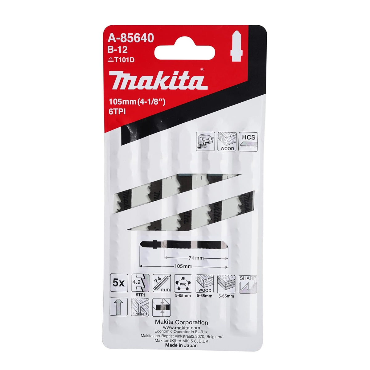 Makita B-12 Jigsaw Blades Silver 105mm Pack of 5 A-85640 | T101D | 6TPI | HCS | For Cutting Plastic-PVC and Plywood