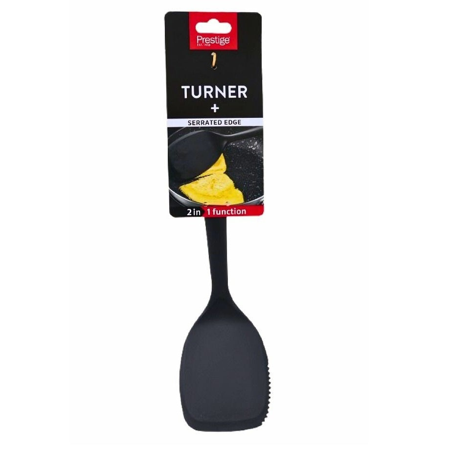 Prestige Turner with Serrated Edge Black 50428 | 2 in 1 Function | Made from Durable Nylon | Easy Grip Soft Touch Handle for Comfort and Control | Heat Resistant to 210 Degree Celsius