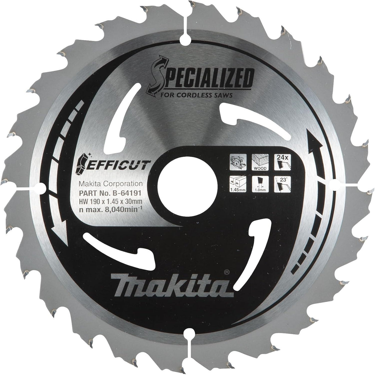 Makita Efficut Specialized Circular Saw Blade Grey 190mm x 30mm B-64191 | Number of Teeth 24 | For Cordless Saws | Wood Cutting Blade | Material - Tungsten Carbide