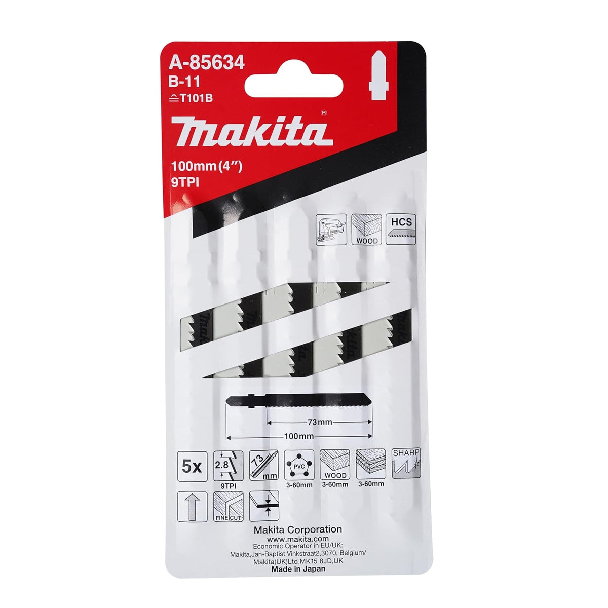 Makita B-11 Jigsaw Blades Silver 100mm Pack of 5 A-85634 | T101B | 9TPI | HCS | For Cutting Plastic-PVC and Plywood