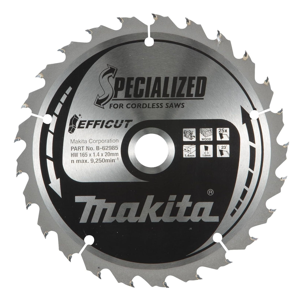 Makita Efficut Specialized Circular Saw Blade Grey 165mm x 20mm B-62985 | Number of Teeth 25 | For Cordless Saws | Wood Cutting Blade | Material - Tungsten Carbide