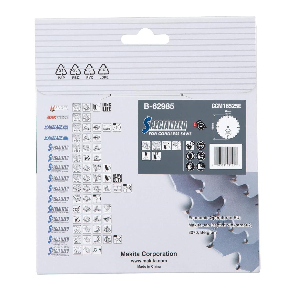 Makita Efficut Specialized Circular Saw Blade Grey 165mm x 20mm B-62985 | Number of Teeth 25 | For Cordless Saws | Wood Cutting Blade | Material - Tungsten Carbide