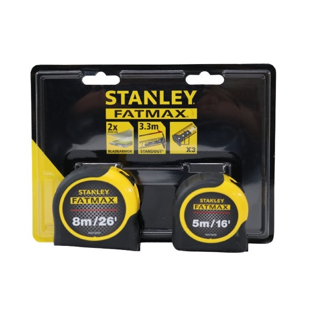 Stanley FatMax Tape Measure Set Yellow and Black 8Mtr and 5Mtr Pack of 2 FMHT81745-0 | BladeArmor Coated | Durable Case | 3.3Mtr Standout | Tape Width - 32mm | Tru-Zero End Hook