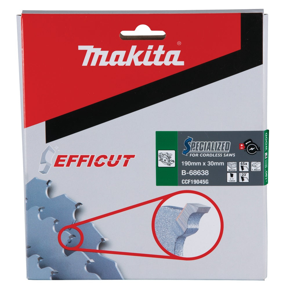 Makita Efficut Specialized Circular Saw Blade Grey 190mm x 30mm B-68638 | Number of Teeth 45 | For Cordless Saws | Wood Cutting Blade | Material - Tungsten Carbide