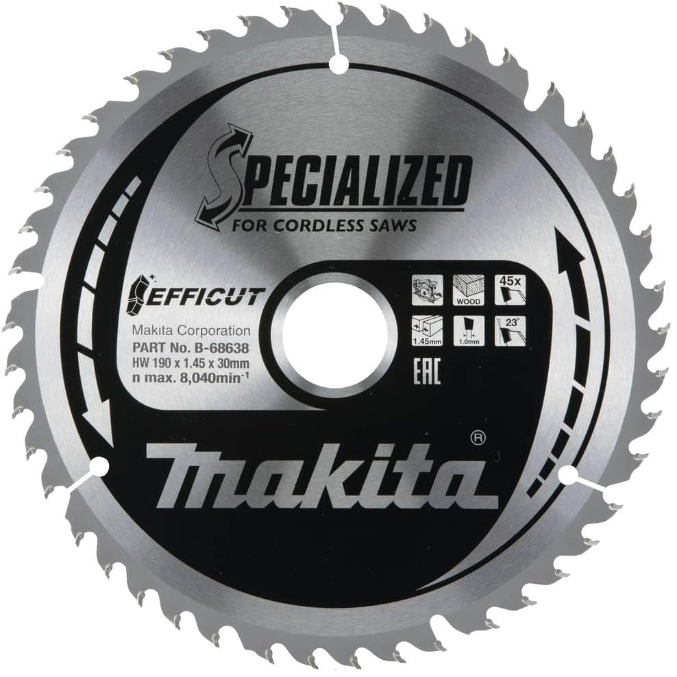 Makita Efficut Specialized Circular Saw Blade Grey 190mm x 30mm B-68638 | Number of Teeth 45 | For Cordless Saws | Wood Cutting Blade | Material - Tungsten Carbide