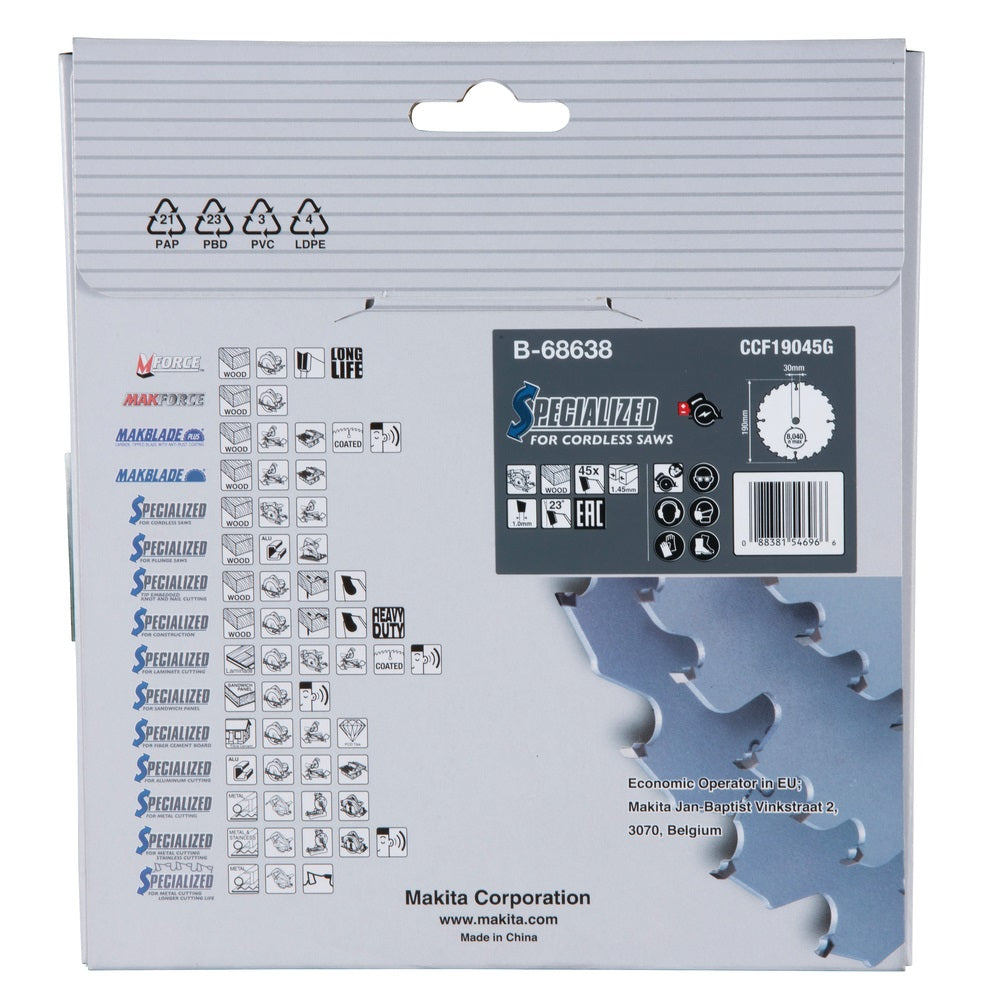 Makita Efficut Specialized Circular Saw Blade Grey 190mm x 30mm B-68638 | Number of Teeth 45 | For Cordless Saws | Wood Cutting Blade | Material - Tungsten Carbide