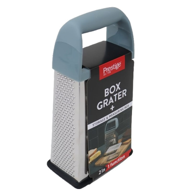 Prestige Box Grater with Storage and Measuring Box Chrome 52309 | 2 in 1 Function | Madw From Durable Stainless Steel | Easy Grip Soft Touch Handles