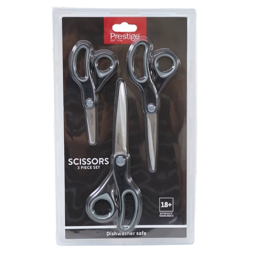 Prestige Scissors Set Black and Chrome Pack of 3 54306 | Easy Grip Handle for Comfort and Control | Durable Stainless Steel Scissors