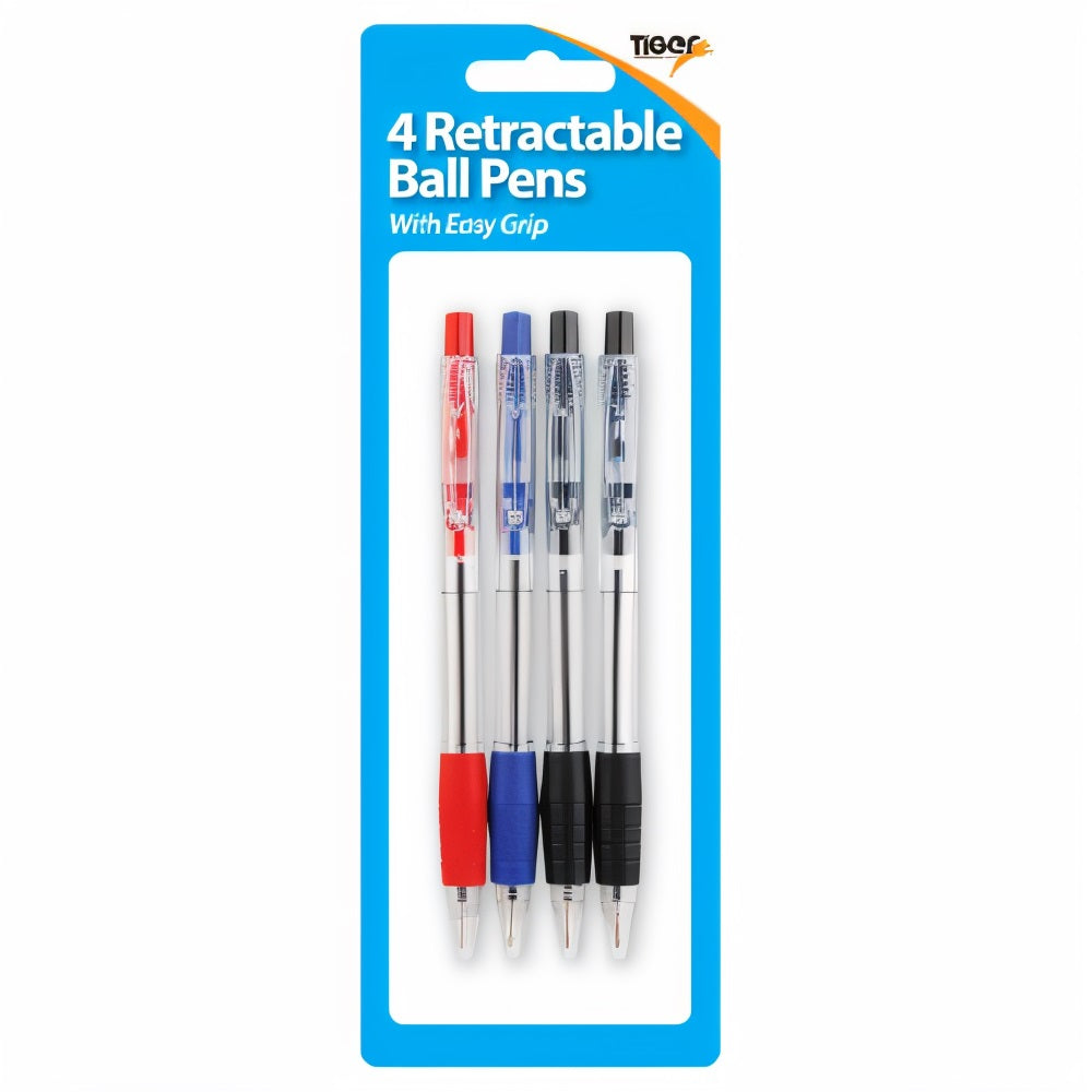 Tiger Stationery Retractable Ball Pens Assorted Pack of 4 301657
