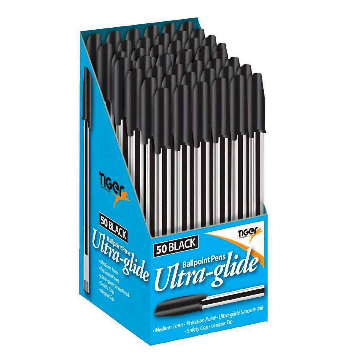 Tiger Stationery Ultra-Glide Ballpoint Pen Black Medium 1mm Pack of 50 301946 | Precision Point | Ultra-Glide Smooth Ink | Safety Cap | Unique Tip