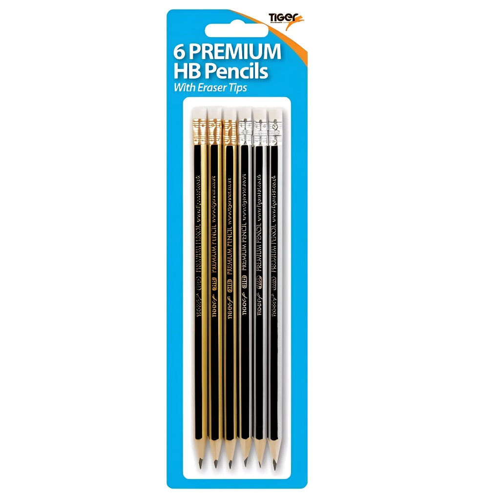 Tiger Stationery Premium HB Pencils With Eraser Tips Assorted Pack of 6 301535