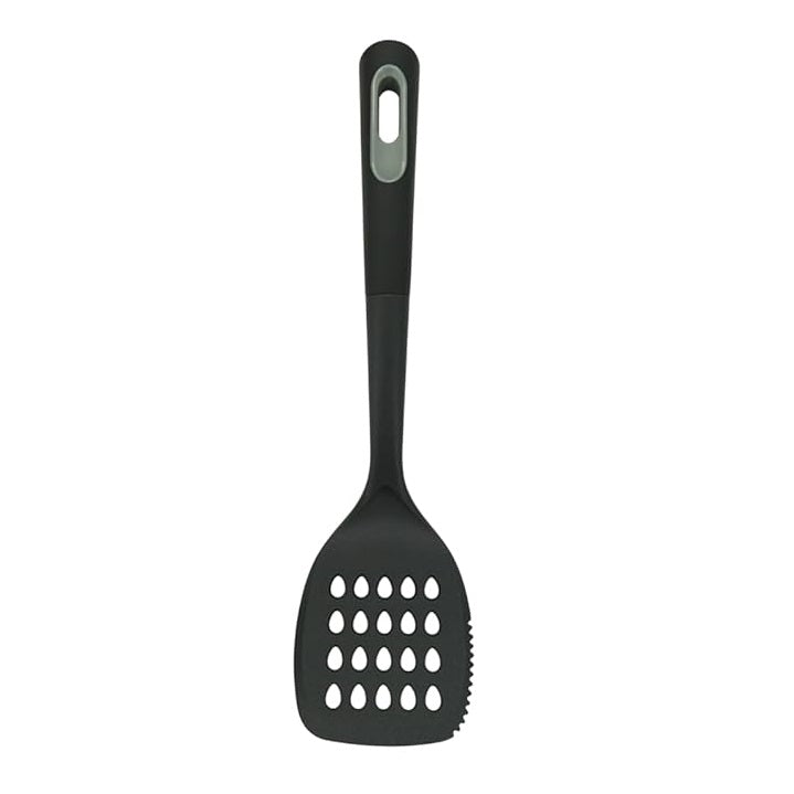 Prestige Slotted Turner with Serrated Edge Black 50431 | 2 in 1 Function | Made From Durable Nylon | Easy Grip Soft Touch Handle for Comfort and Control | Heat Resistant to 210 Degree Celsius