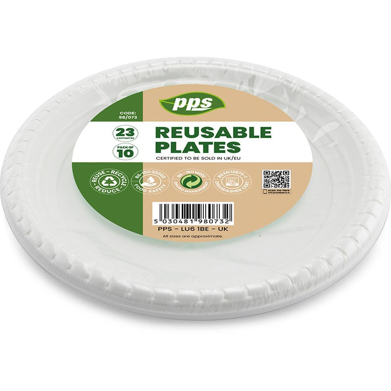PPS Reusable Plastic Plates White 23cm Pack of 10 98-073 | Food Safe | Eco-Friendly and Durable