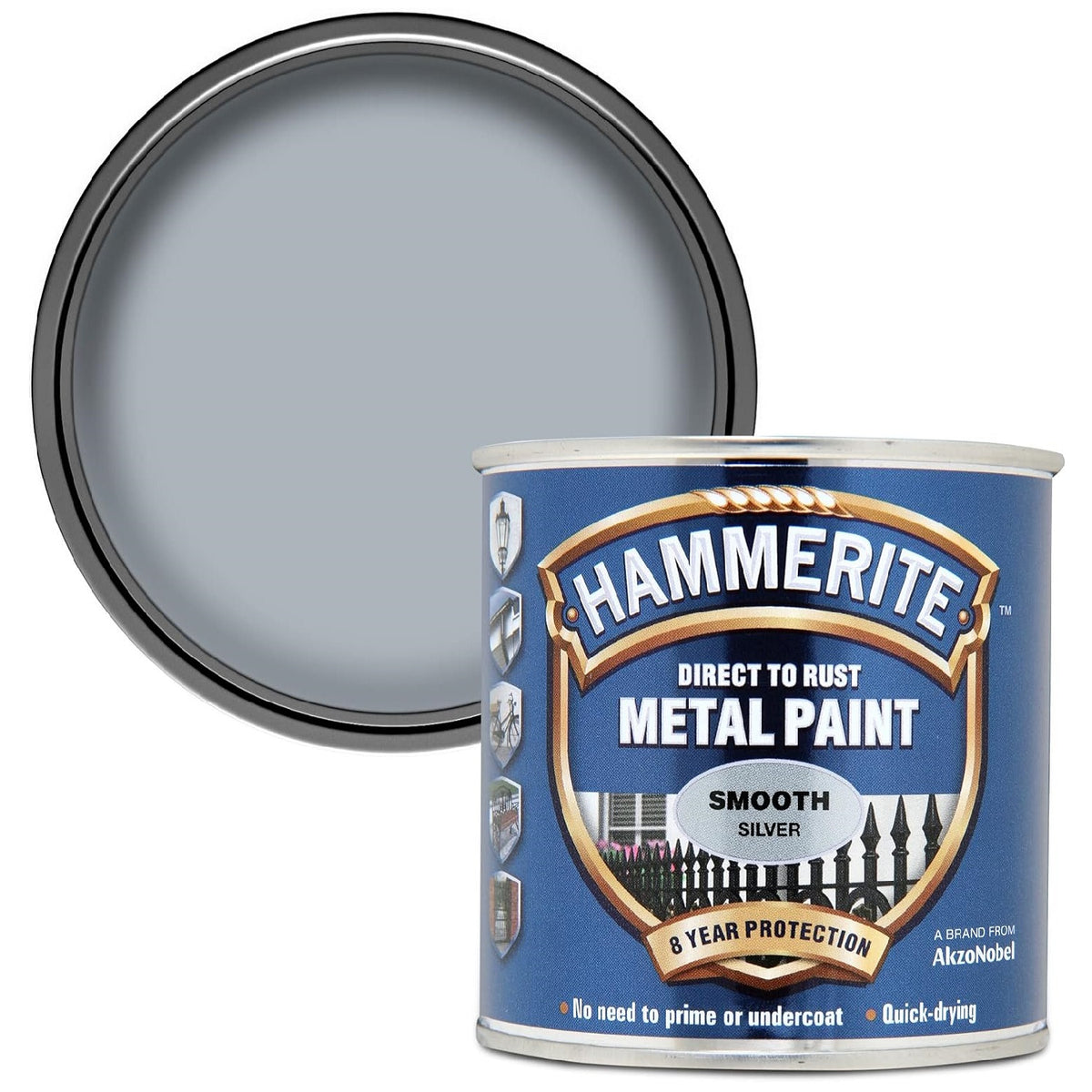 Hammerite Direct to Rust Metal Paint Smooth Silver 250ml 5084894 | No Need to Prime or Undercoat | Quick Drying