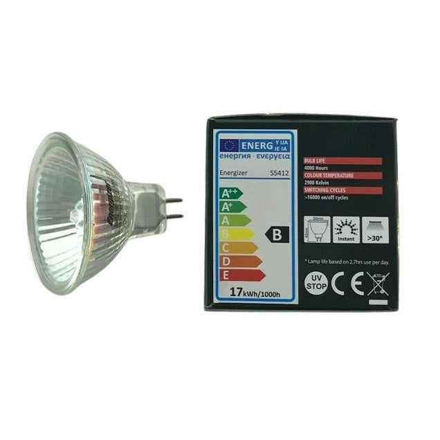 Energizer MR16 Dimmable Halogen Bulb Clear S5412 | 12V | 20W Equivalent | Warm White | 180 Lumens | GU5.3 Base | Lasts 4 Years | Bulb Life - 4000Hrs | Colour Temperature - 2900 Kelvin | Switching Cycles 16000