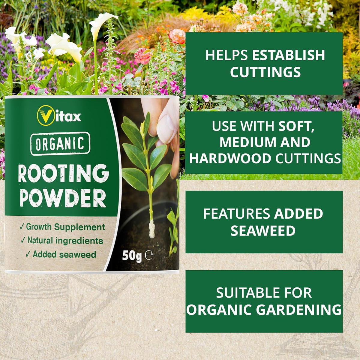 Vitax Organic Rooting Powder Brown 50g 50928446 | Growth Supplement | Natural Ingredients with Added Seaweed