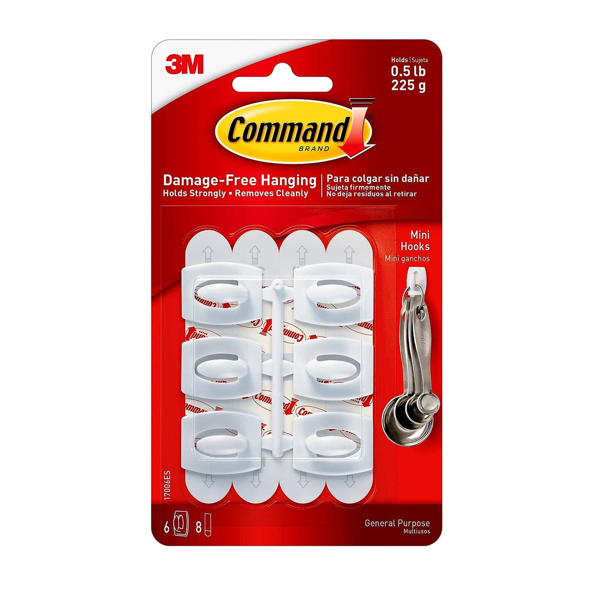 Command 3M Mini Hooks with Strips White Pack of 6 17006 | Damage-Free Hanging | Holds 225g | 6 Hooks and 8 Strips | For Home and Office Use | No Tools Required