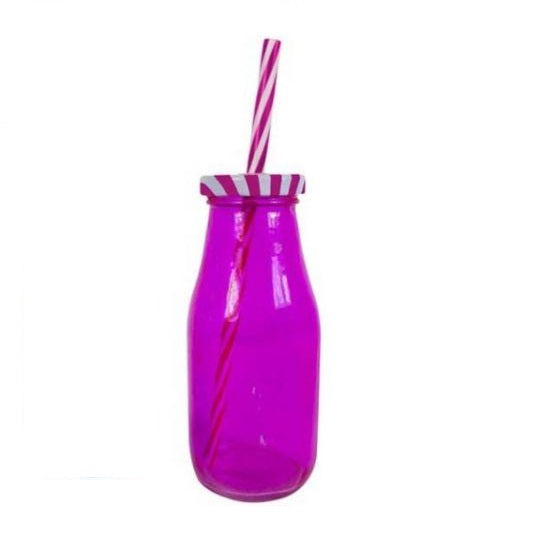 RSW Glass Drinking Bottles with Lid and Straws Assorted Colours 220ml Pack of 1 AM1630 | Reusable with Striped Lids | Ideal for Juices-Smoothies and Parties