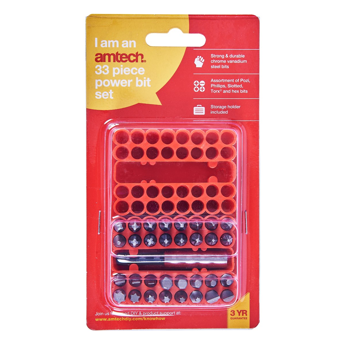 Amtech Chrome Vanadium Steel Power Bit Set Metallic Grey Pack of 33 L3300 | Pozi-Phillips-Slotted-Torx and Hex Bits | Strong and Durable | With Storage Holder | Ideal for DIY and Repairs