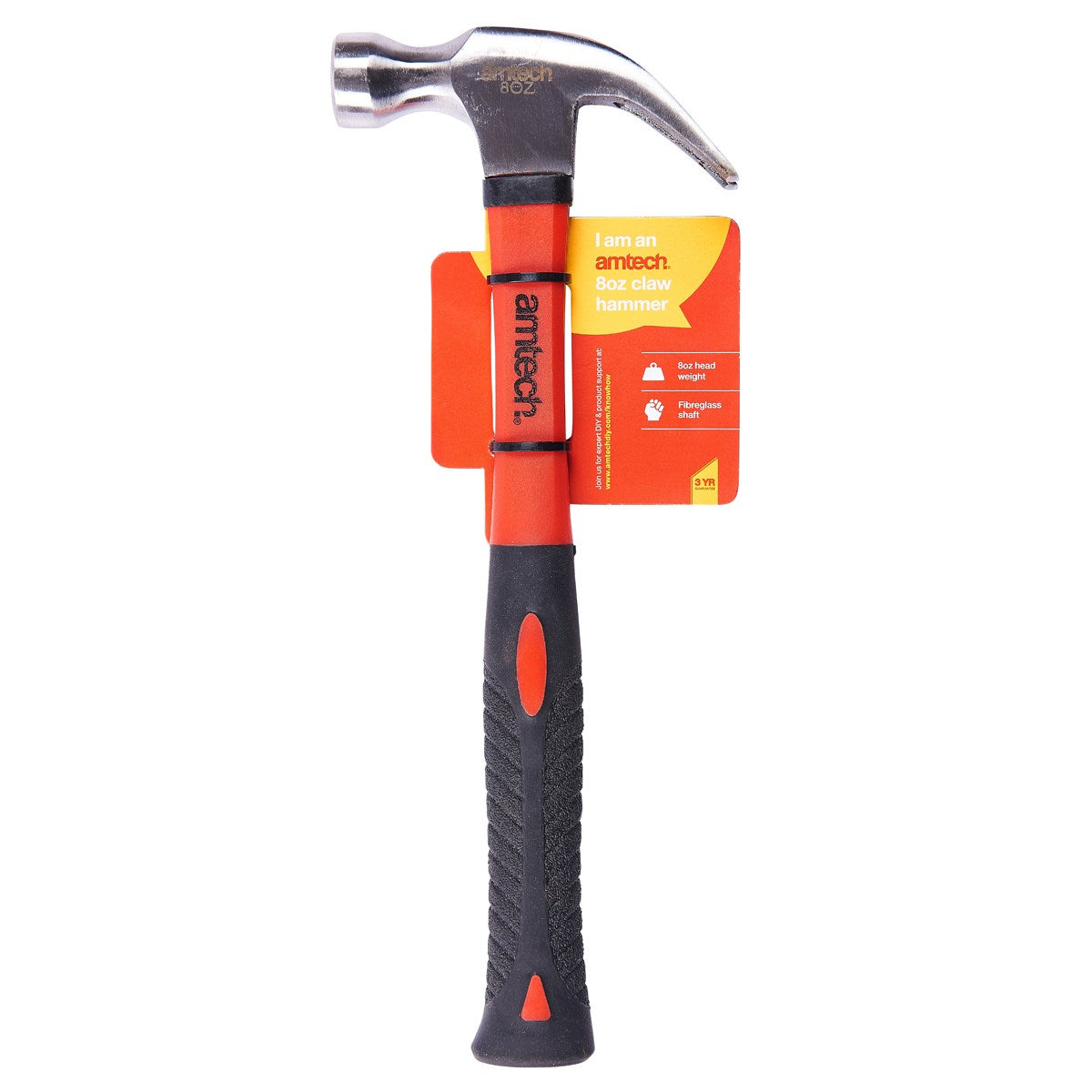 Amtech Fibre Glass Shaft Claw Hammer Red and Black 8oz A0240 | With Comfort Grip | Lightweight and Durable | Hardened and Tempered Polished Head | Ideal for DIY and Household Use