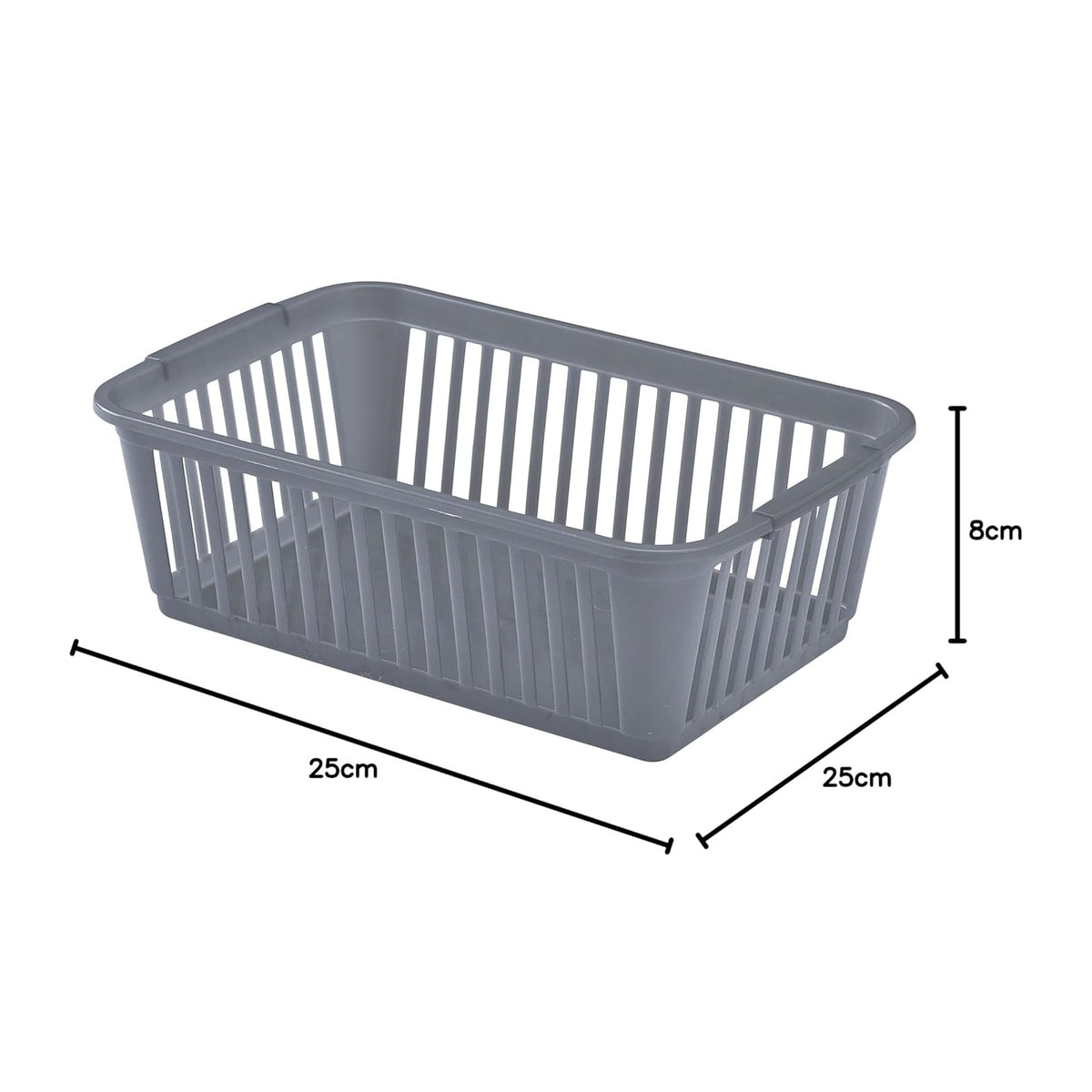 Whitefurze Rectangular Plastic Storage Basket Silver 25cm x 25cm x 8cm S03S091 | Organiser Bin for Home-Office or Kitchen | Durable and Lightweight | With Ventilated Sides