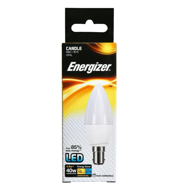 Energizer B15 SBC Non-Dimmable LED Candle Bulb 38mm x 110mm Warm White S8878 | 5.9W | 40W Equivalent | Opal Finish | Energy Saving Light Bulb