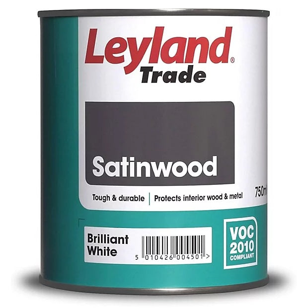 Leyland Trade Satinwood Paint Brilliant White 750ml 264699 | Tough and Durable | Protects Interior Wood and Metal