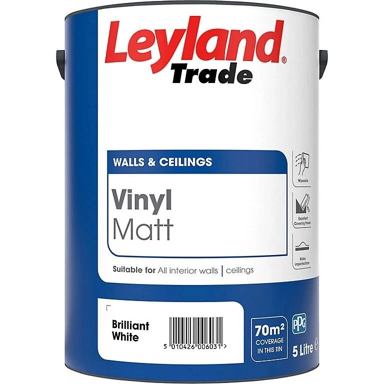 Leyland Trade Walls and Ceilings Vinyl Matt Emulsion Brilliant White 5Ltr 264803 | Suitable for All Interior Walls and Ceilings