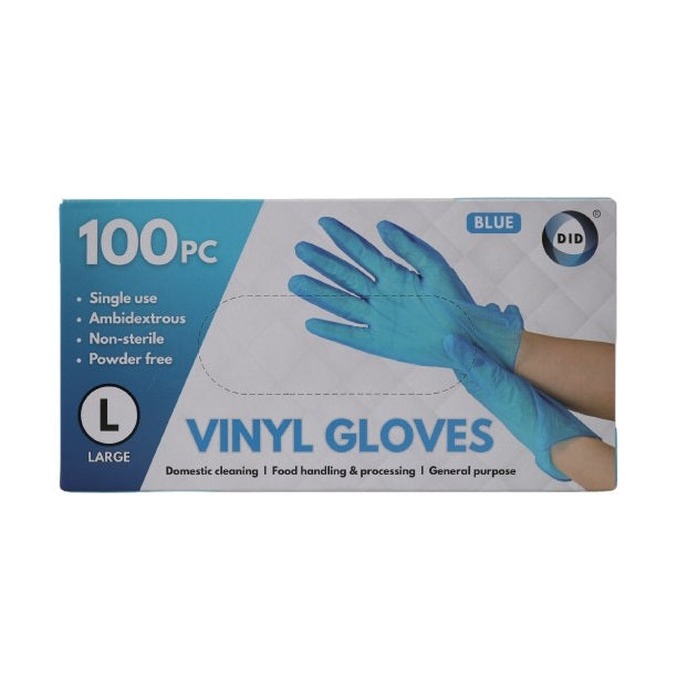 DID Vinyl Single Use Gloves Blue Large Pack of 100 WW9174 | Powder-Free | Ambidextrous | Non-Sterile | Disposable Gloves | For Cleaning-Food Handling and General Purpose