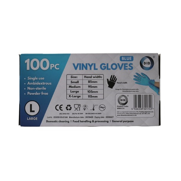 DID Vinyl Single Use Gloves Blue Large Pack of 100 WW9174 | Powder-Free | Ambidextrous | Non-Sterile | Disposable Gloves | For Cleaning-Food Handling and General Purpose