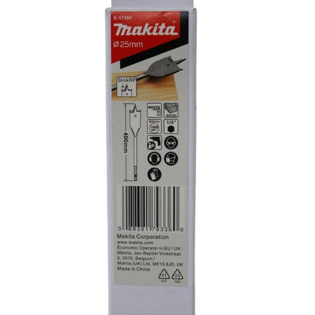 Makita Flat Wood Drill Bit Metallic Grey 25mm x 400mm E-17491 | Sharp Tip for Fast Cutting | Hex Shank 0.25-Inch | Suitable for Wood | High-Speed Drilling