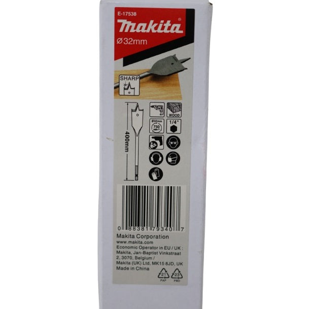 Makita Flat Wood Drill Bit Metallic Grey 32mm x 400mm E-17538 | Sharp Tip for Fast Cutting | Suitable for Wood | High-Speed Drilling
