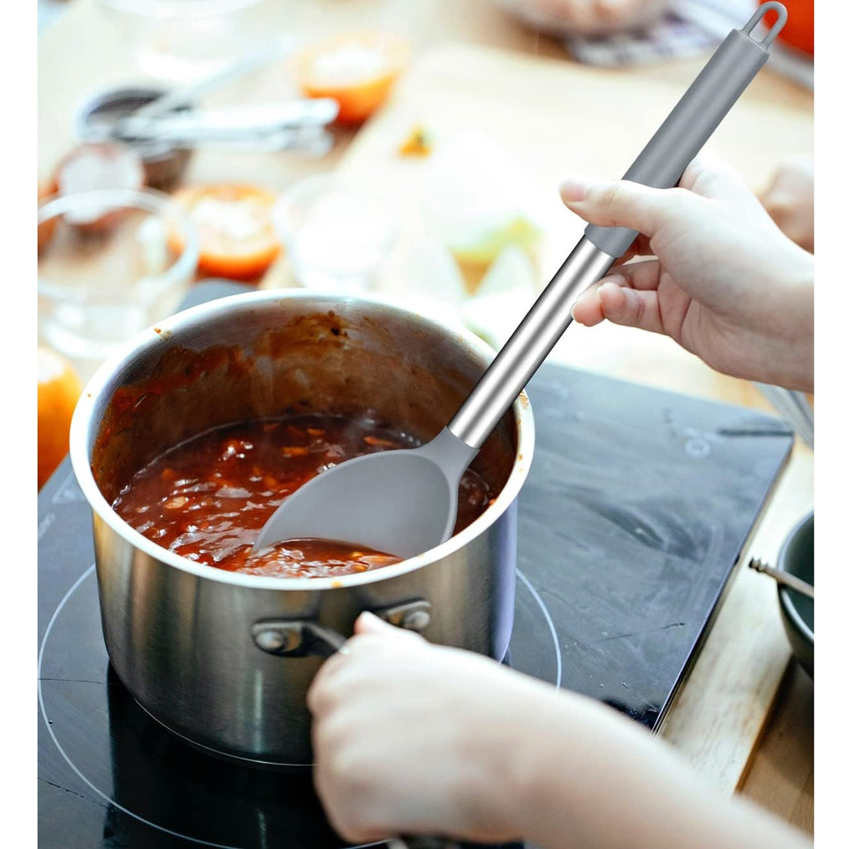 Ashley Housewares Silicone Cooking Spoon with Stainless Steel Handle Grey 33cm x 6cm KT182 | Heat Resistant up to 200 degree C | BPA Free | Non-Scratch and Dishwasher Safe | Anti Slip Handle
