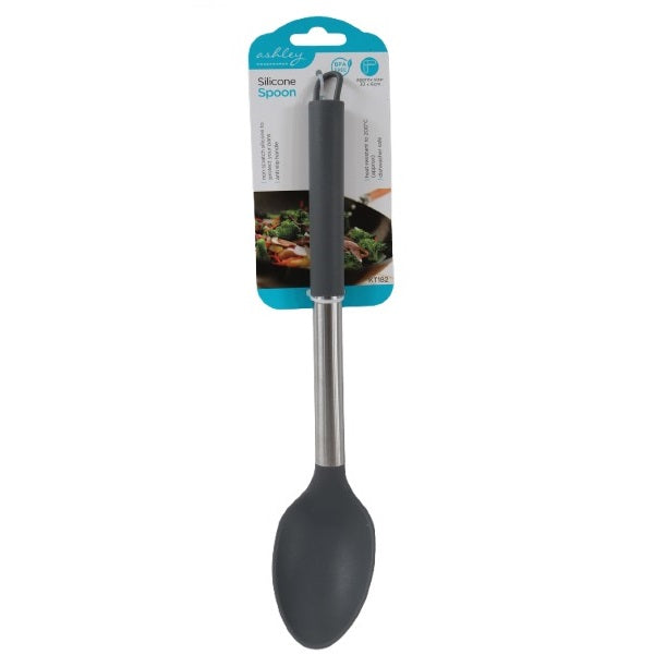 Ashley Housewares Silicone Cooking Spoon with Stainless Steel Handle Grey 33cm x 6cm KT182 | Heat Resistant up to 200 degree C | BPA Free | Non-Scratch and Dishwasher Safe | Anti Slip Handle
