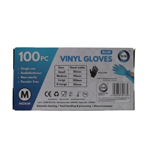 DID Vinyl Single Use Gloves Blue Medium Pack of 100 WW9173 | Powder-Free | Ambidextrous | Non-Sterile | Disposable Gloves | For Cleaning-Food Handling and General Purpose