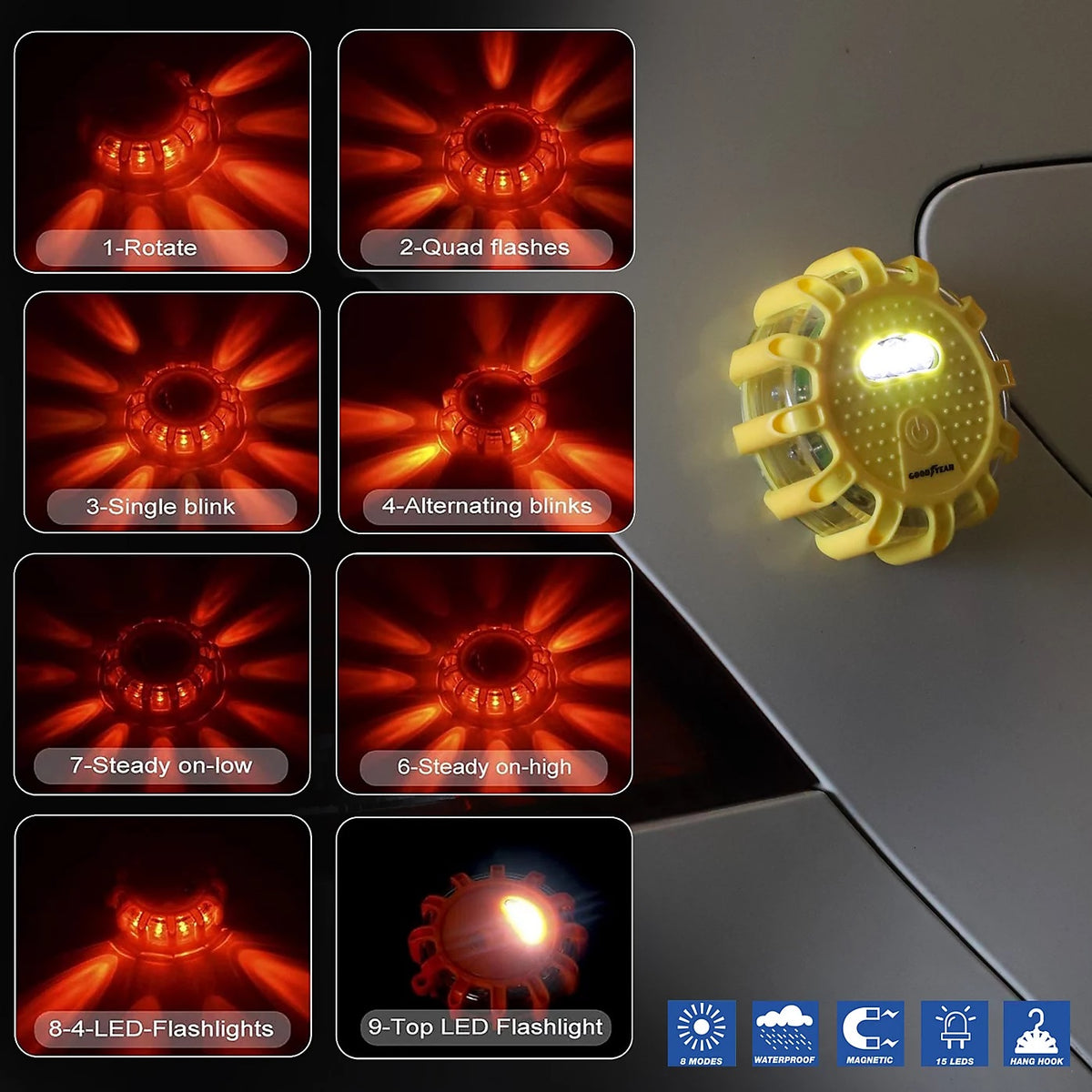GoodYear Roadside Emergency Disc LED Flare with Magnetic Back and Hanging Hook Yellow 900941 | Instantly Visible Over a Mile Away at Night | 8 Modes | 15 LEDS | Waterproof