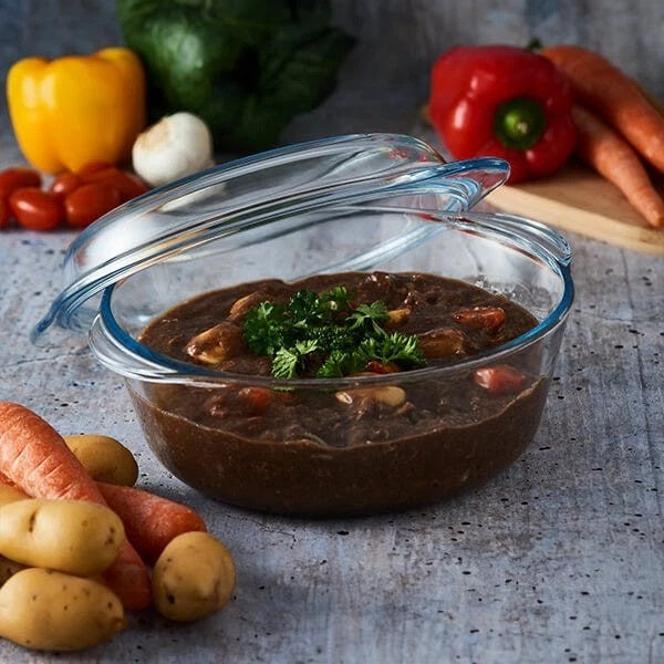 Mason Cash Classic Collection Round Casserole Dish Clear 1Ltr 2006.198 | Made from Borosilicate Glass | Dishwasher Safe | Microwave Safe | Freezer Safe | Oven Safe