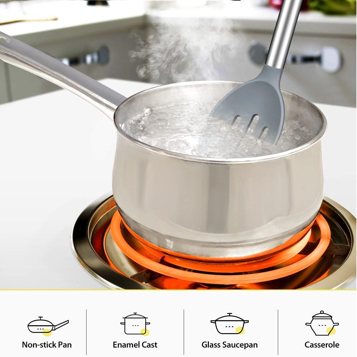 Ashley Housewares Silicone Slotted Spoon Grey 32cm x 6cm KT183 | Heat Resistant to 200 Degree C | BPA Free | Anti Slip Handle | Non-Scratch | Dishwasher Safe