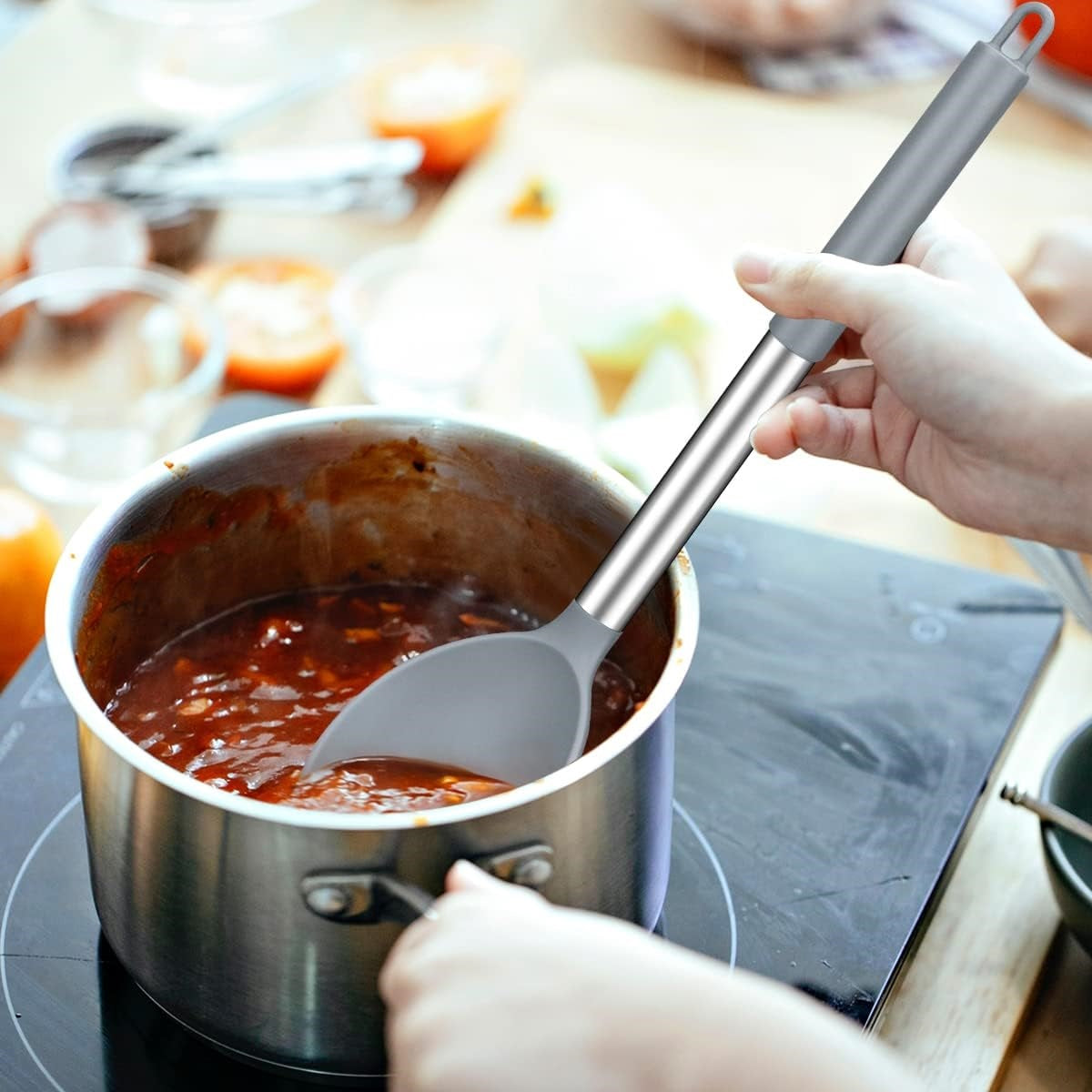 Ashley Housewares Silicone Slotted Spoon Grey 32cm x 6cm KT183 | Heat Resistant to 200 Degree C | BPA Free | Anti Slip Handle | Non-Scratch | Dishwasher Safe