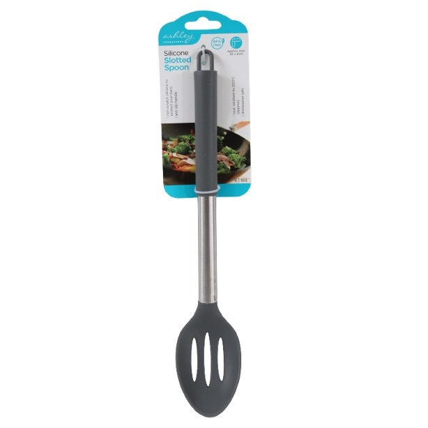 Ashley Housewares Silicone Slotted Spoon Grey 32cm x 6cm KT183 | Heat Resistant to 200 Degree C | BPA Free | Anti Slip Handle | Non-Scratch | Dishwasher Safe