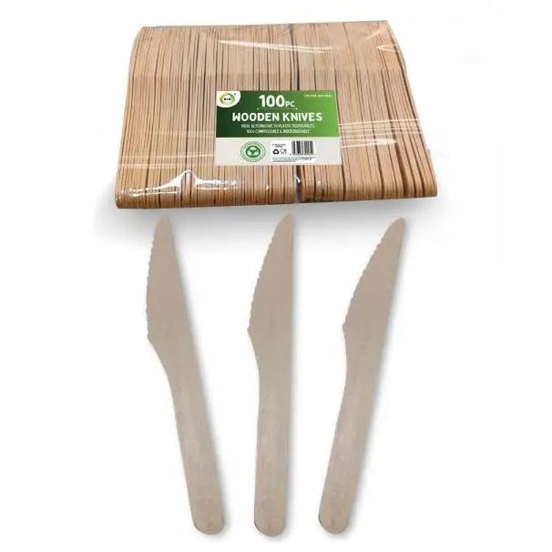 DID Wooden Knives Natural Pack of 100 EF9905 | Eco-Friendly Disposable Cutlery | 100 Percent Compostable and Biodegradable | Plastic-Free Alternative | Ideal for Parties-Picnics and Catering