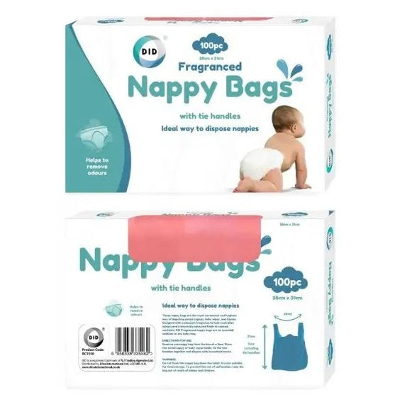 DID Fragranced Nappy Bags White 28cm x 31cm Pack of 100 BC3556 | With Tie Handles | Odour Control Disposal Bags | Ideal Way to Dispose Nappies
