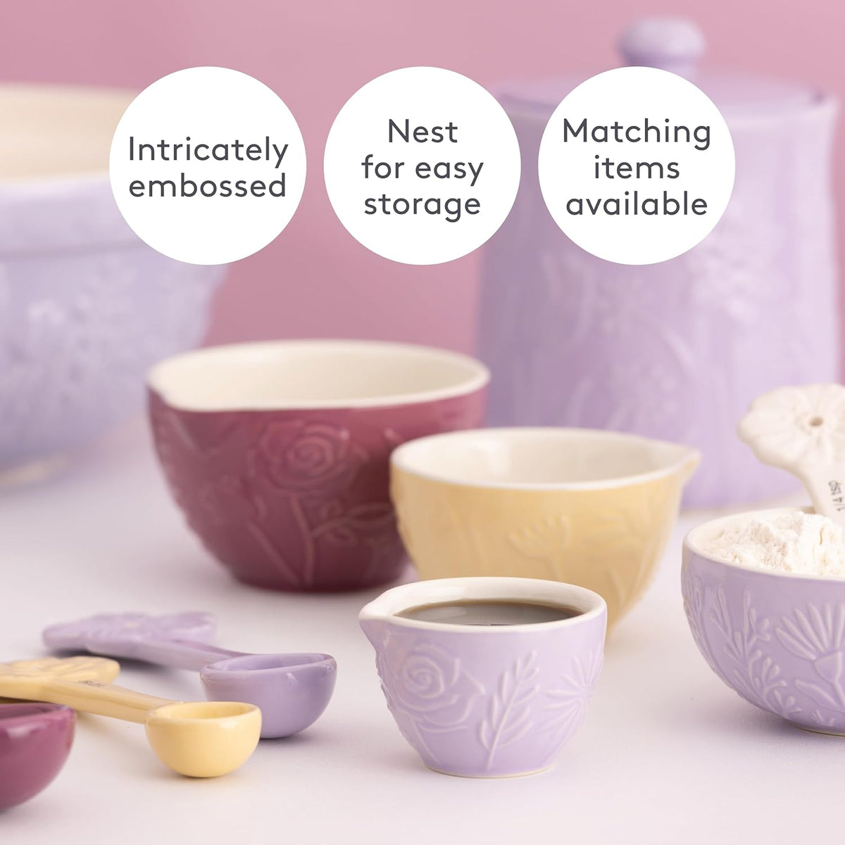 Mason Cash In The Meadow Multi Measure Set Assorted Colours 10.6cm x 10.6cm x 7cm Pack of 3 2002.171 | Made from Chip-Resistant Stoneware | Microwave Safe | Dishwasher Safe