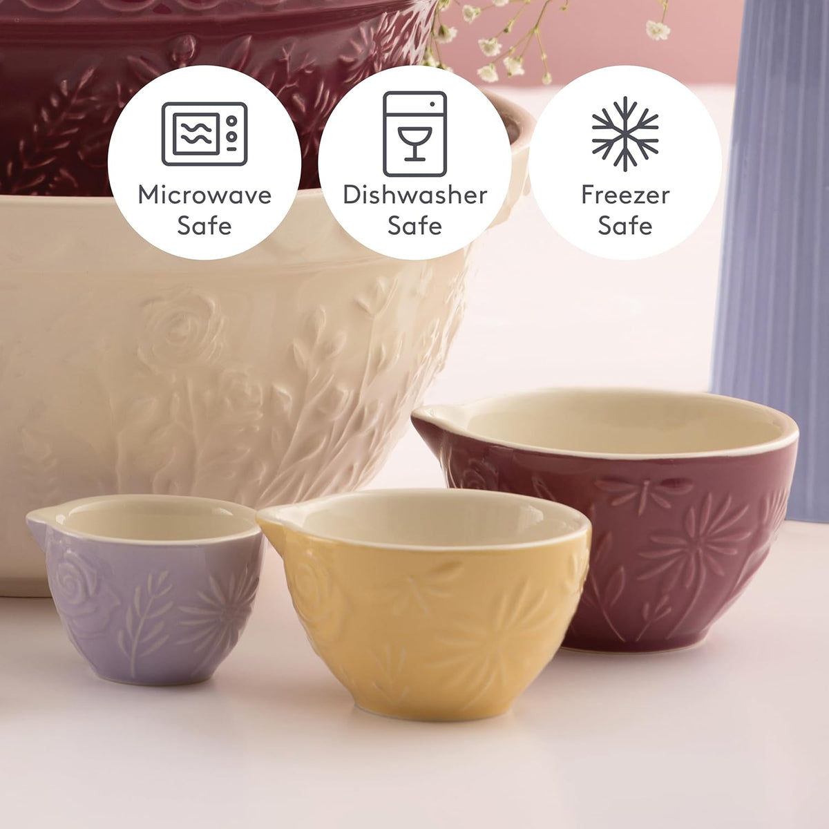 Mason Cash In The Meadow Multi Measure Set Assorted Colours 10.6cm x 10.6cm x 7cm Pack of 3 2002.171 | Made from Chip-Resistant Stoneware | Microwave Safe | Dishwasher Safe