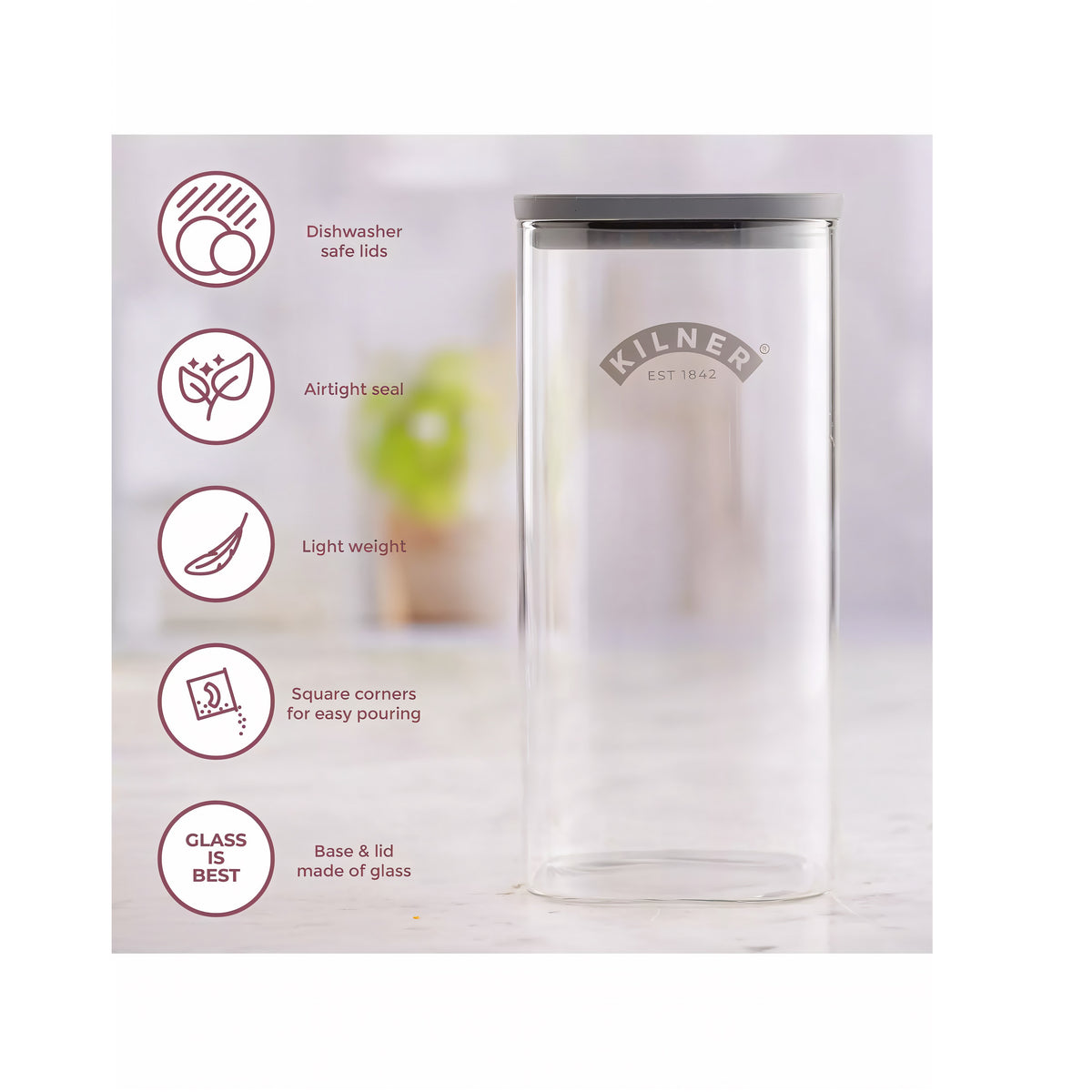 Kilner Square Fresh Storage Jar Clear 1.5Ltr 25.102 | Reuse | Refill | Recycle | Made to Last | Glass is Best