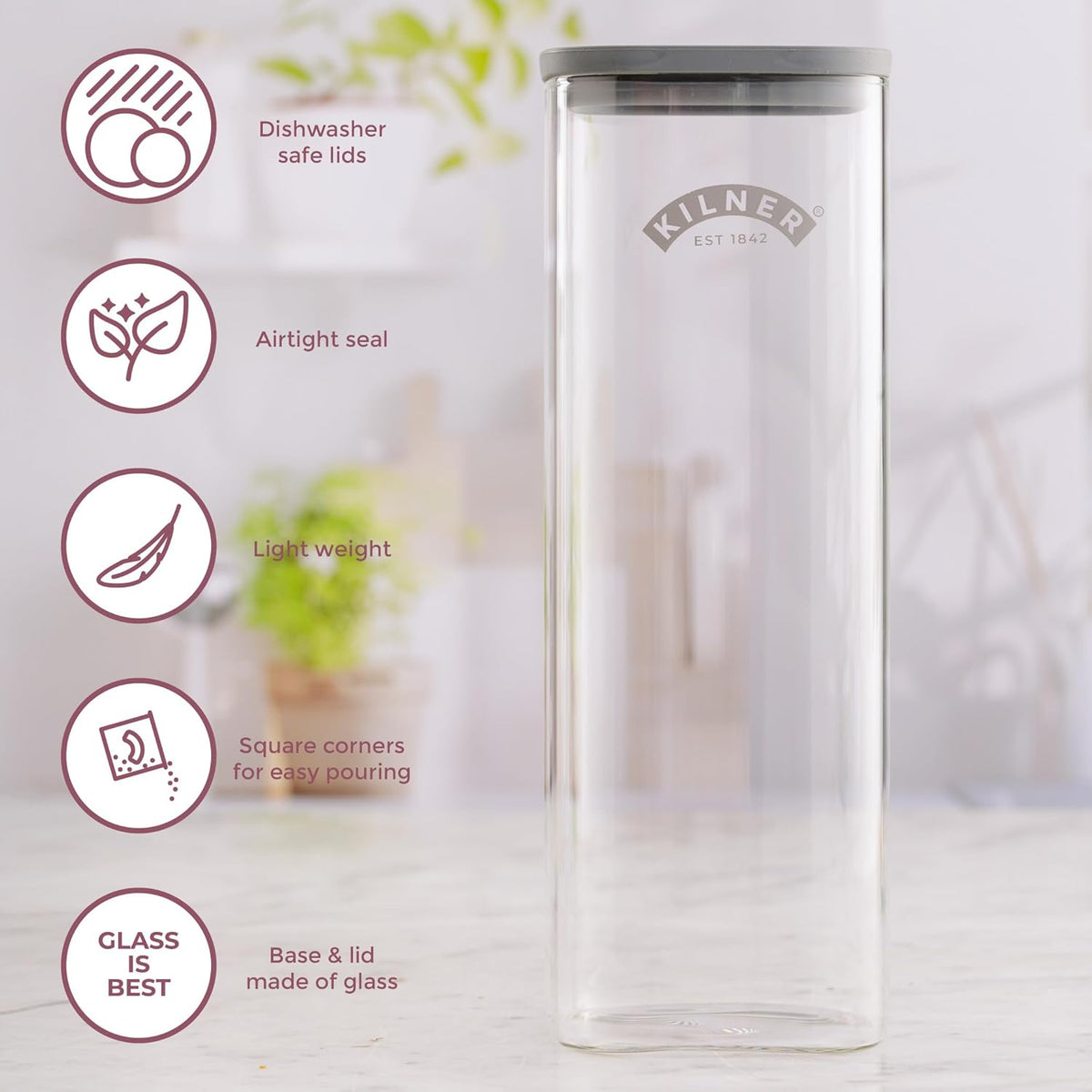 Kilner Square Fresh Storage Jar Clear 2Ltr H28.8cm x W10.4cm x L10.4cm 25.103 | Durable Glass | Reuse | Refill | Recycle | Made to Last | Glass is Best
