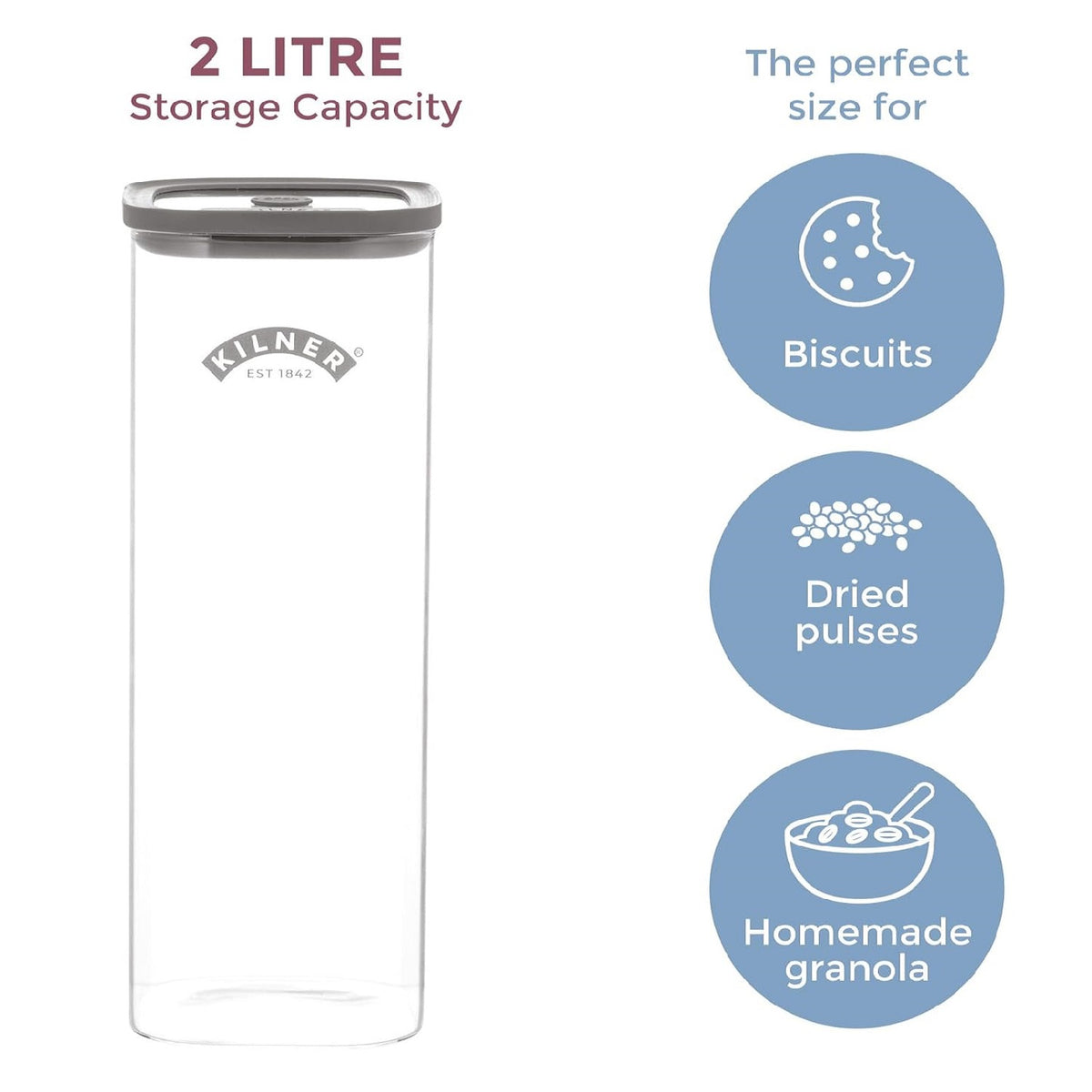 Kilner Square Fresh Storage Jar Clear 2Ltr H28.8cm x W10.4cm x L10.4cm 25.103 | Durable Glass | Reuse | Refill | Recycle | Made to Last | Glass is Best
