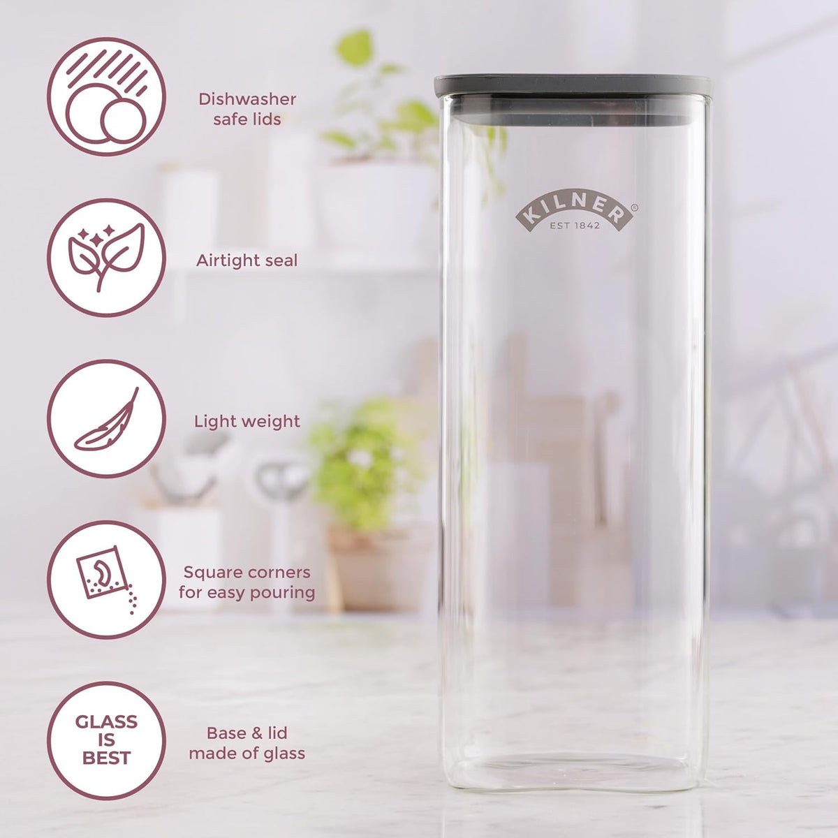 Kilner Square Fresh Storage Jar Clear 3.5Ltr H30.4cm x W12.4cm x L12.4cm 25.104 | Durable Glass | Reuse | Refill | Recycle | Made to Last | Glass is Best